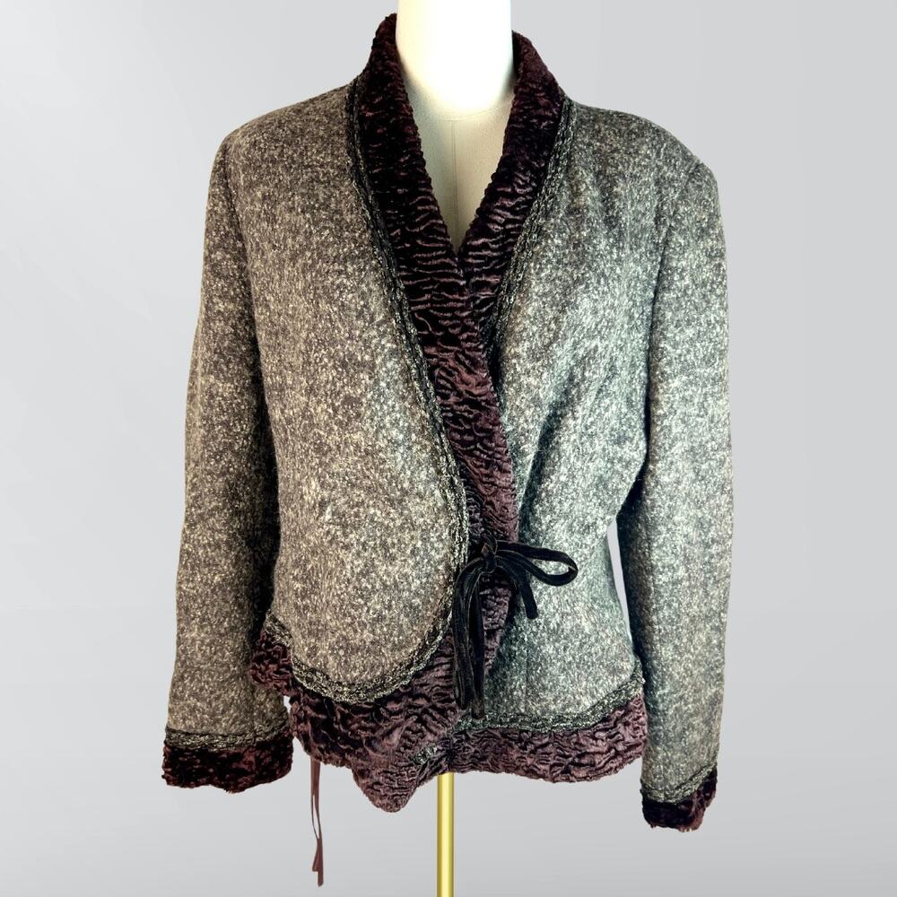 Vintage Orvis Wool Knit & Faux Fur Brown & Grey Kimono Style Tie Front Jacket